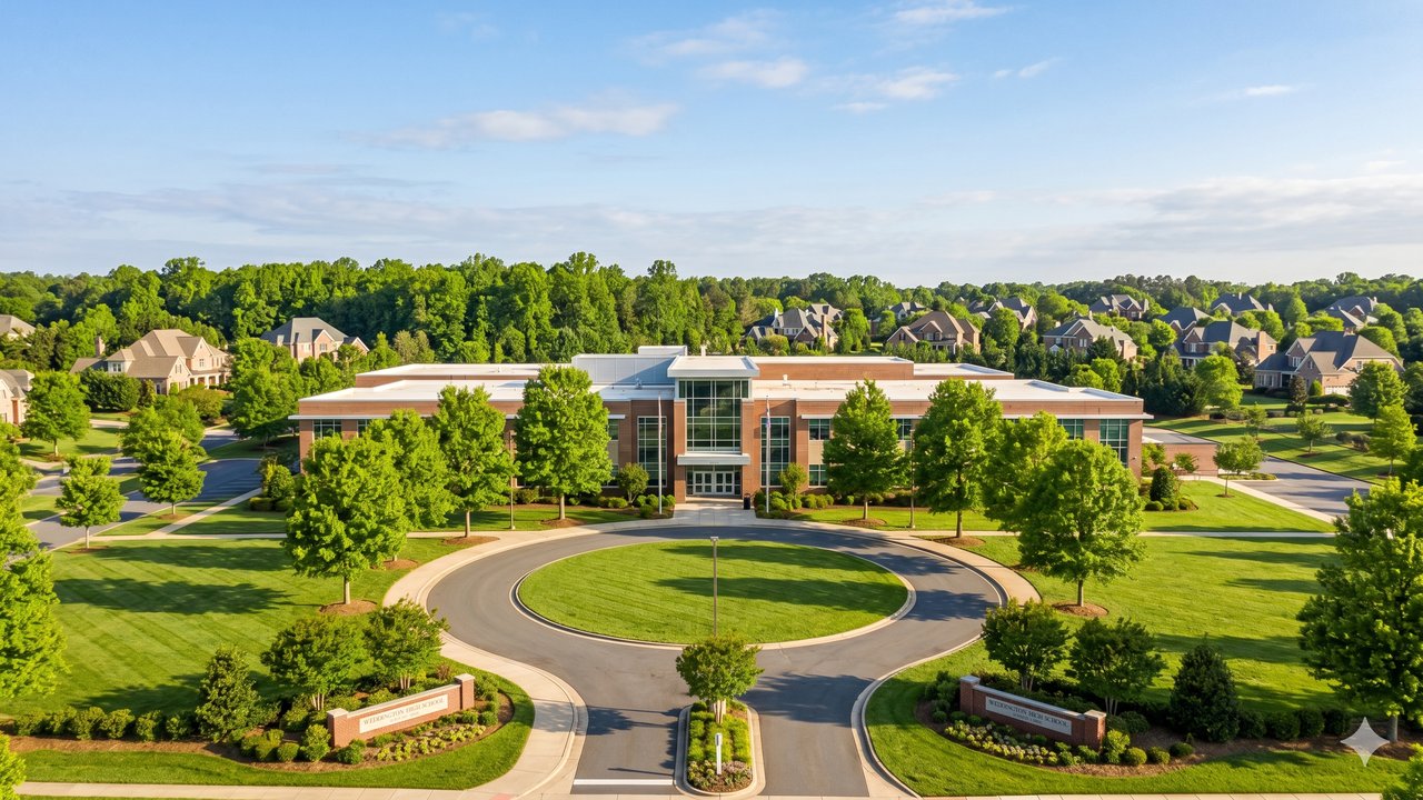 Union County Schools Guide for South Charlotte Home Buyers Union County Public Schools campus in South Charlotte NC with residential neighborhood in background