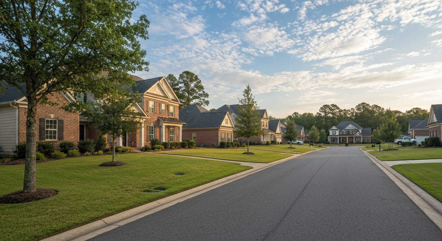 Cost of Living in Fort Mill SC – Suburban Neighborhood Cost of living in Fort Mill SC suburban neighborhood with brick homes and mature trees