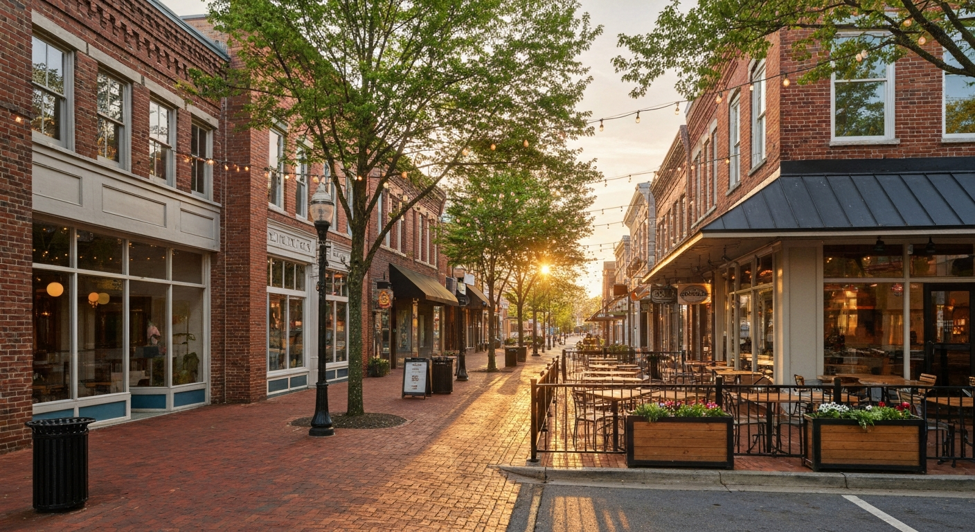 Things to Do in Fort Mill SC – Downtown Main Street Things to do in Fort Mill SC, including downtown Main Street restaurants and bistro lighting at golden hour