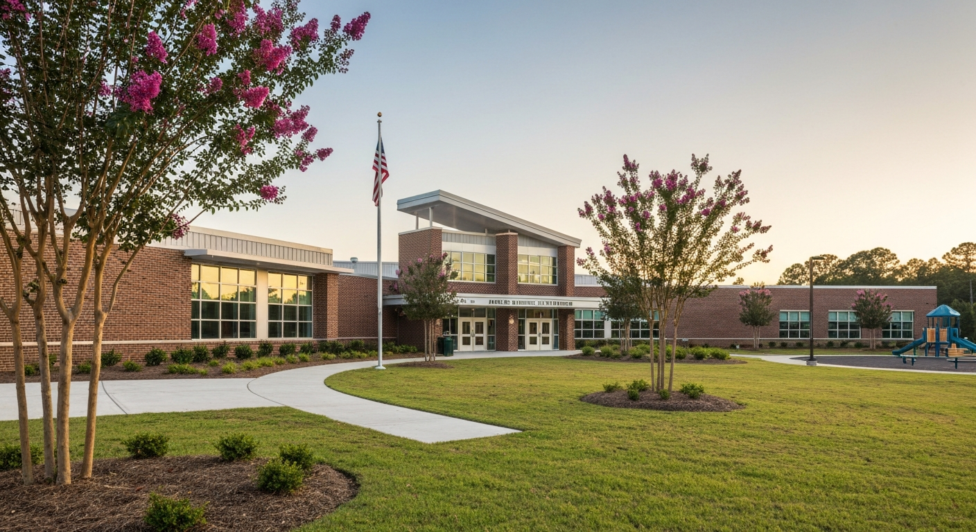 Indian Land SC Schools 2026 Relocating Buyer Guide Indian Land SC schools building exterior in afternoon light, used in a 2026 relocating buyer's guide