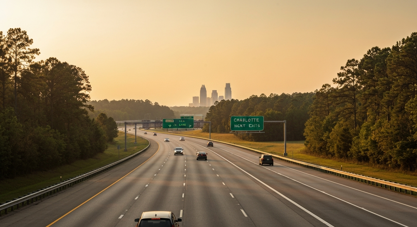 Monroe NC to Charlotte Commute – US-74 at Sunset Monroe NC to Charlotte commute on US-74 expressway at sunset with Charlotte skyline in distance