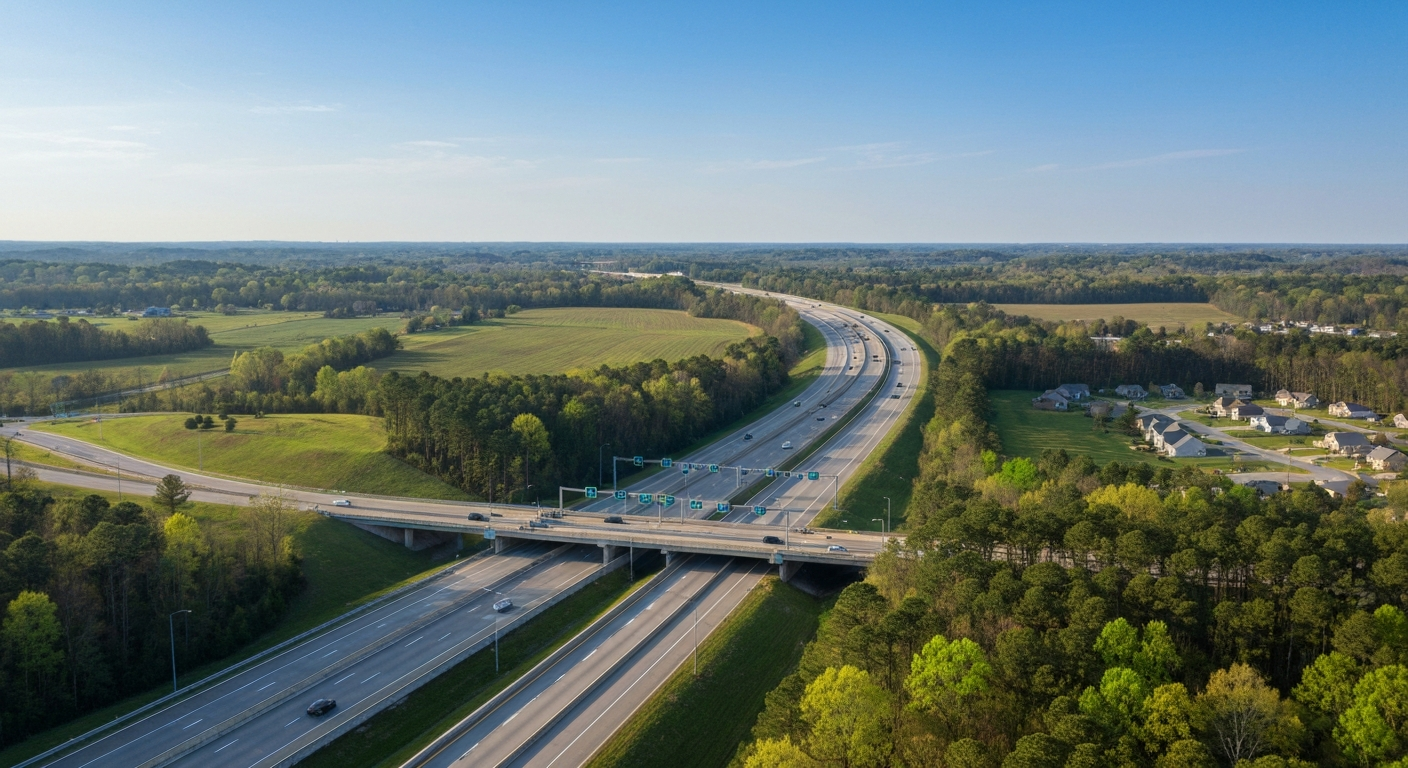 Monroe nc to charlotte commute times: what relocating buyers need to know 1 Aerial view of monroe expressway toll road bypass through union county nc countryside on a clear day