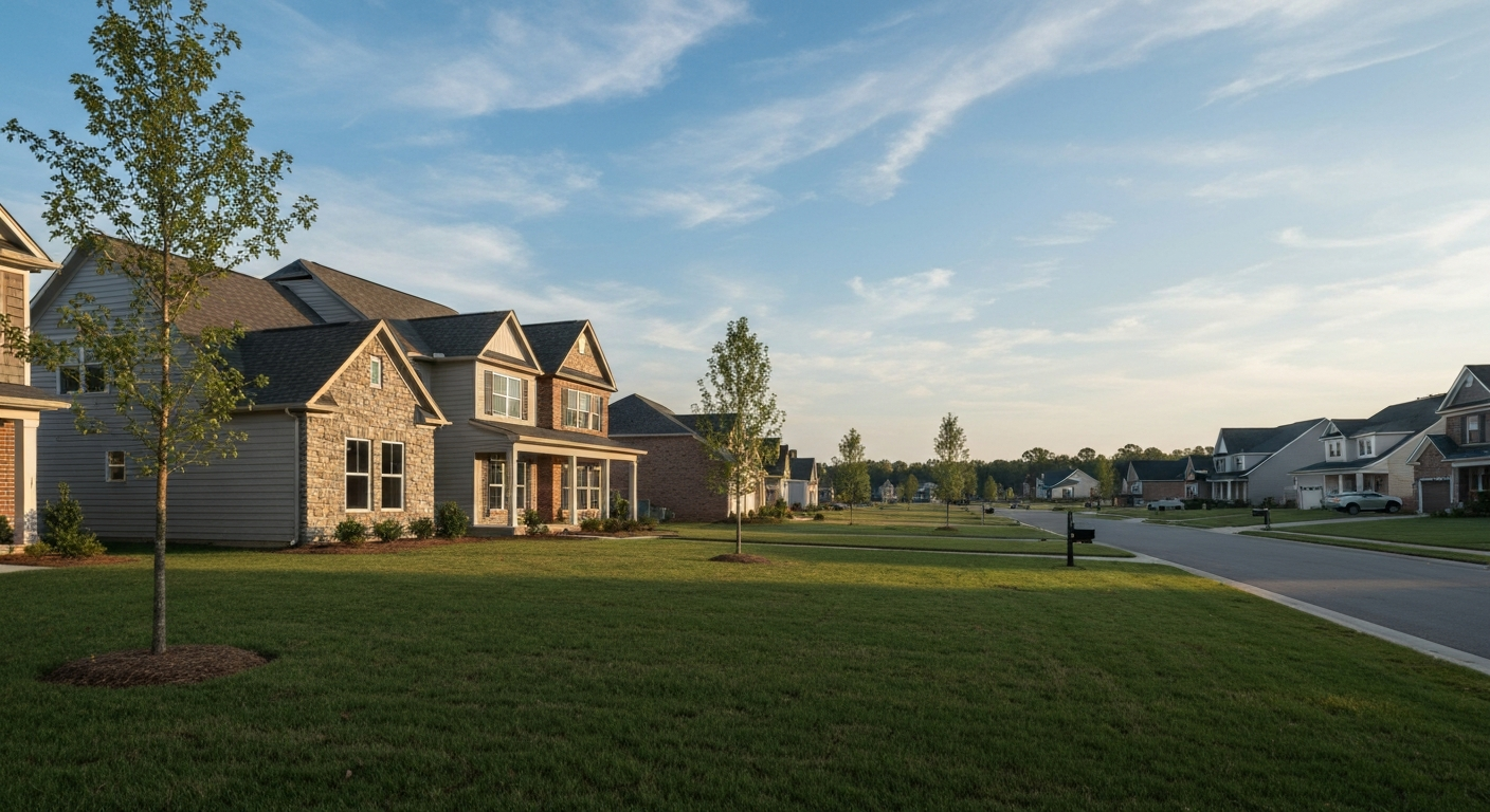 new-construction-homes-monroe-nc-featured New construction homes in Monroe NC neighborhood with modern homes and green lawns