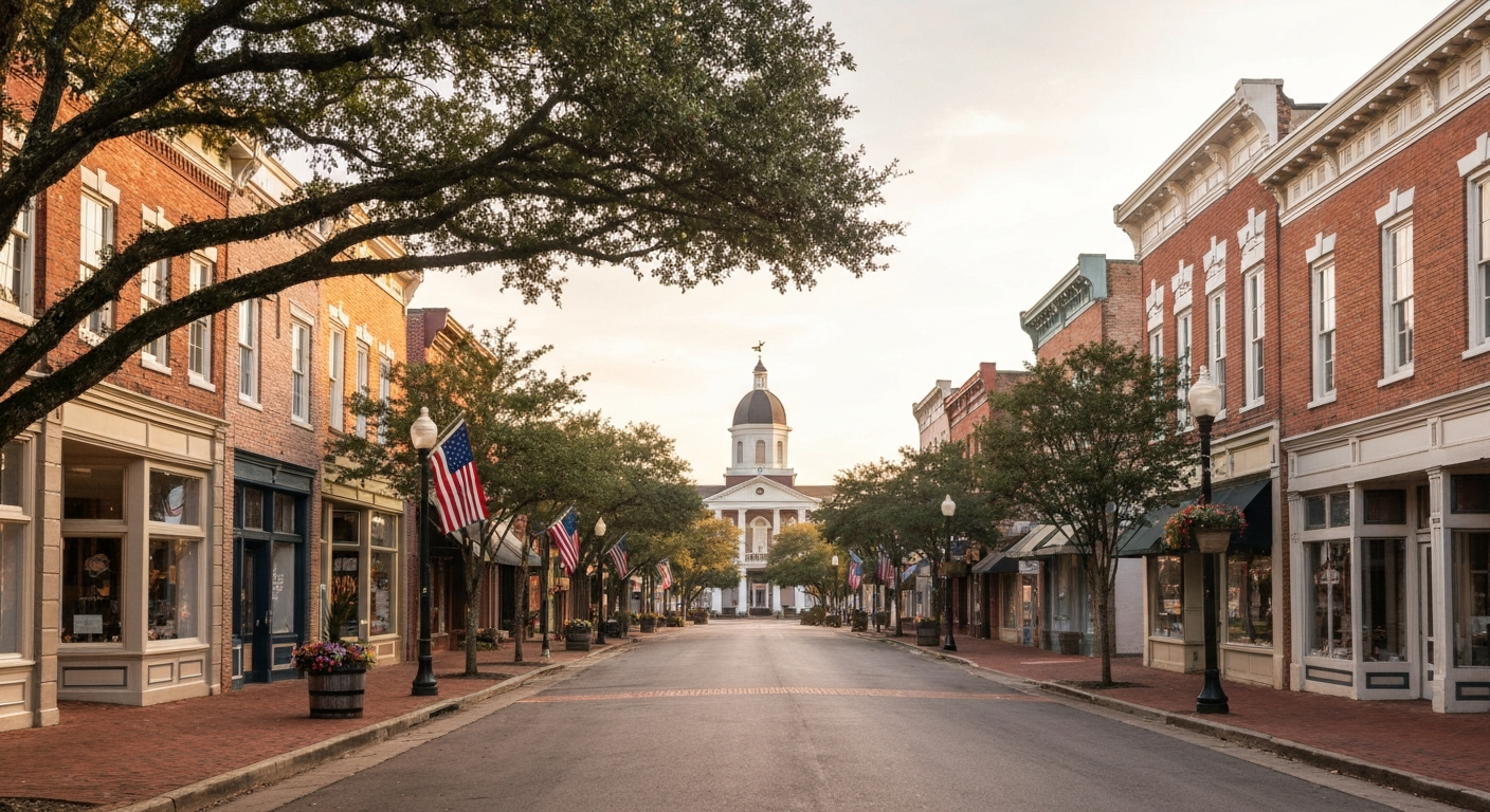 Pros and Cons of Living in Monroe NC – Downtown Main Street Pros and cons of living in Monroe NC: tree-lined downtown Main Street at golden hour