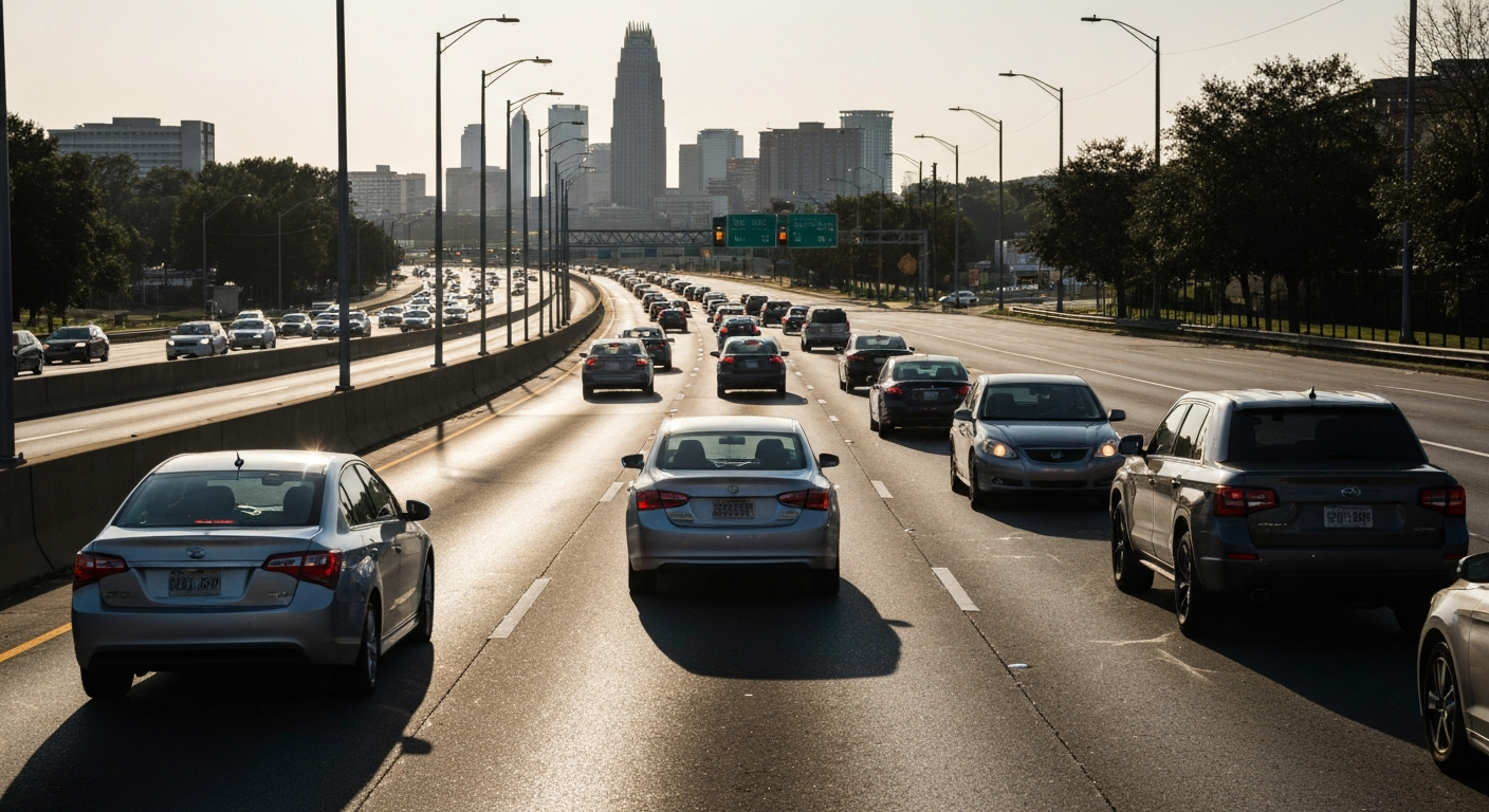 reasons-not-to-move-to-charlotte-nc-tlg Reasons not to move to Charlotte NC: city traffic at sunset