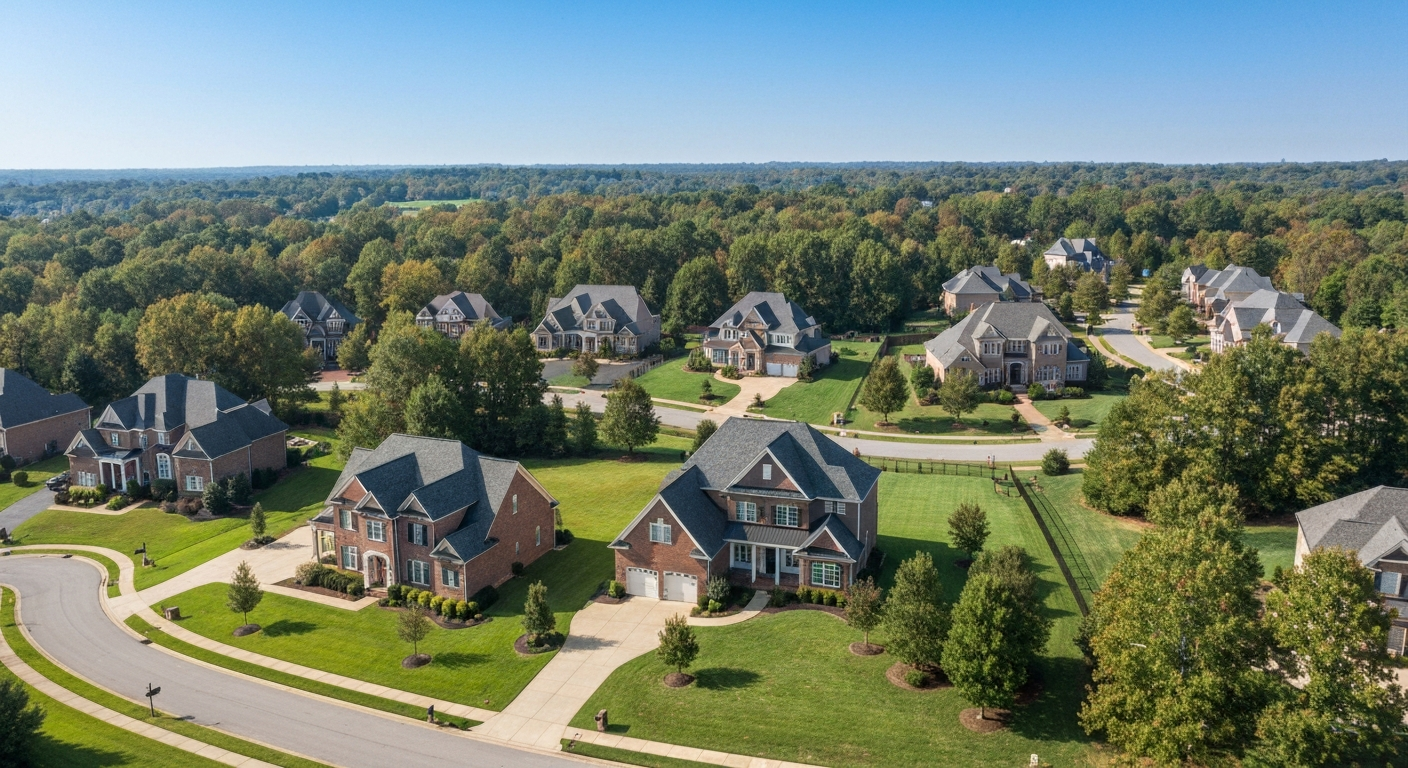 Union County NC Property Tax Rates 2026 Suburban Neighborhood Union County NC property tax rates 2026 aerial view of upscale suburban neighborhood with custom homes on large lots