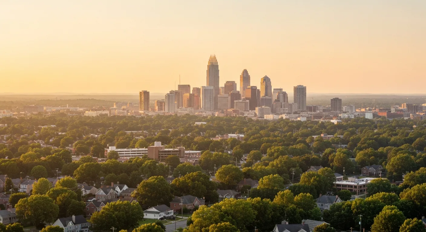 best-places-to-move-in-charlotte-featured Best places to move in Charlotte: aerial view of the Charlotte metro skyline and surrounding suburbs at golden hour