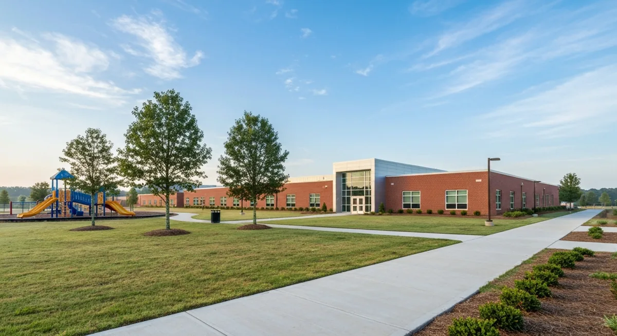 best-schools-charlotte-nc-featured-v4 Suburban brick elementary school with playground and trees, representing the best schools in Charlotte NC