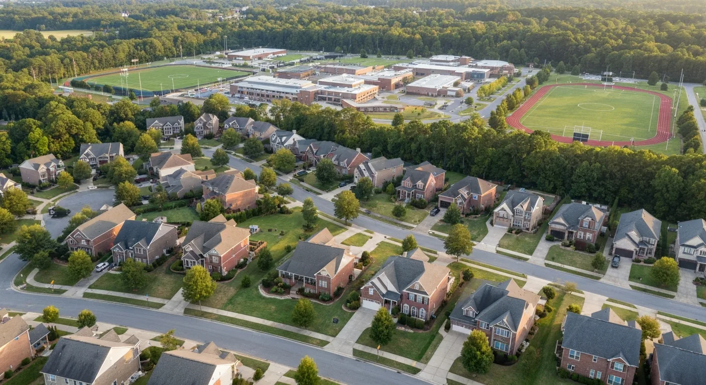 Fort mill sc schools: why buyers cross the state line for this district 1 Aerial view of a fort mill sc neighborhood with a fort mill school district campus and athletic fields beyond