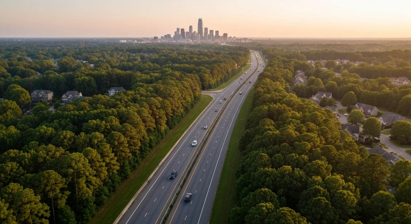 fort-mill-to-charlotte-commute-featured Fort Mill to Charlotte commute on I-77 North toward the Charlotte skyline at golden hour