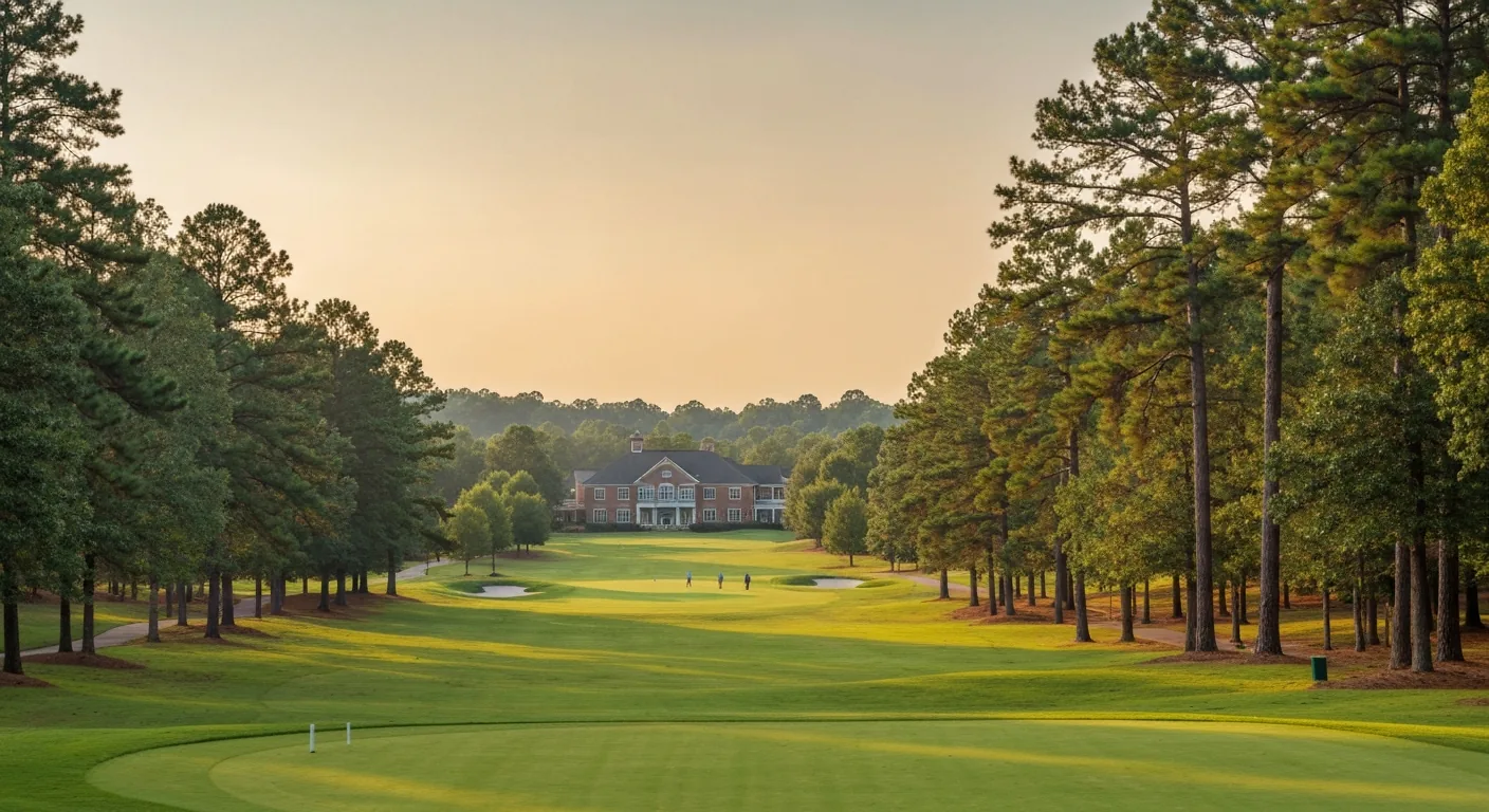 golf-communities-near-waxhaw-nc-featured Golf communities near Waxhaw NC: fairway lined with pines and a clubhouse at sunset