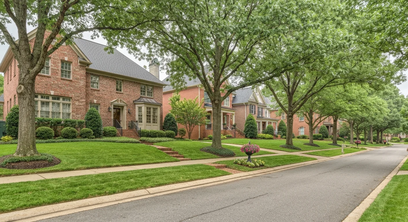 Quiet upscale south charlotte residential street with brick homes and mature trees, a draw for buyers moving from atlanta to charlotte