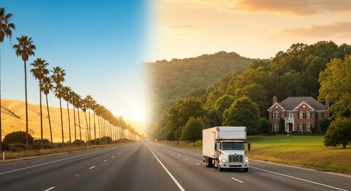 moving-from-california-to-charlotte-nc-moving-truck Moving from California to Charlotte NC - a moving truck on a highway transitioning from California palms to south Charlotte green hardwood trees and brick homes