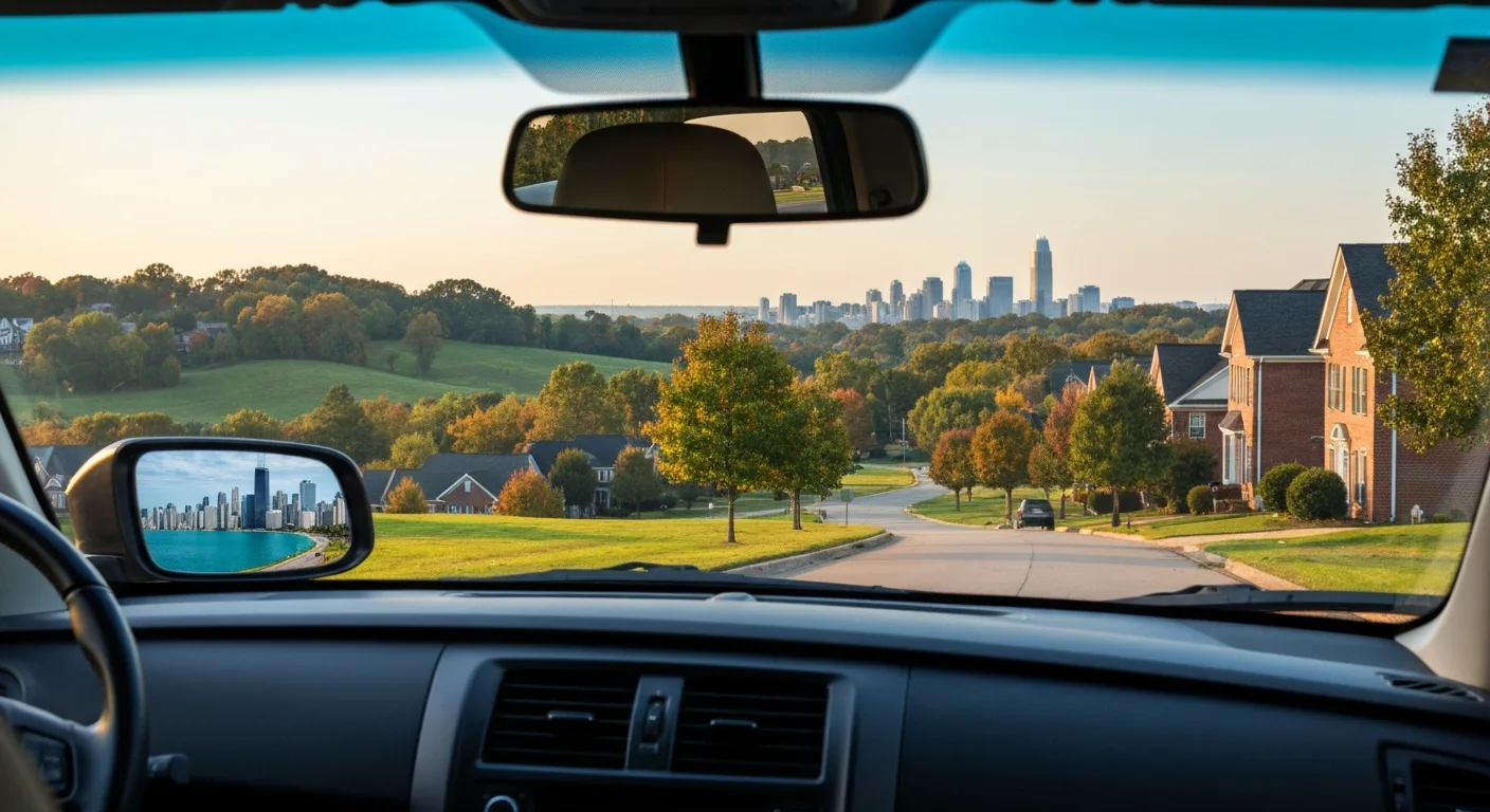 moving-from-chicago-to-charlotte-nc Moving from Chicago to Charlotte NC, south Charlotte suburbs ahead through the windshield with the Chicago skyline in the side mirror