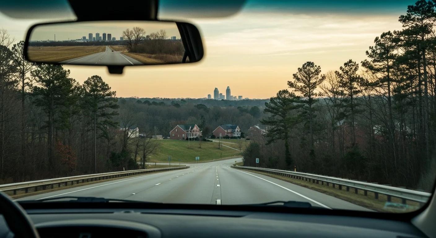moving-from-ohio-to-charlotte-nc Moving from Ohio to Charlotte NC seen through a car windshield with the Charlotte skyline ahead