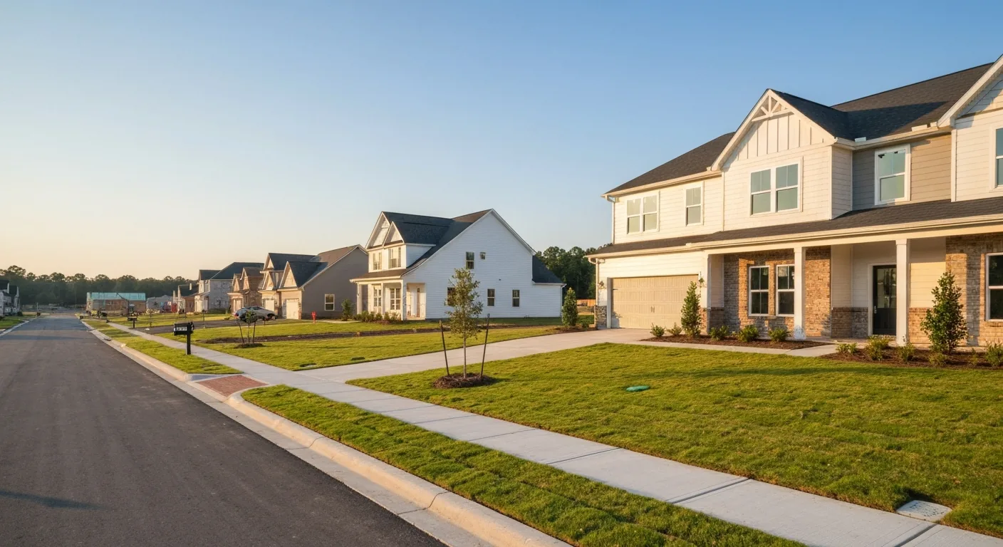 new-construction-homes-fort-mill-sc-featured New construction homes in Fort Mill SC in a newly built neighborhood at golden hour