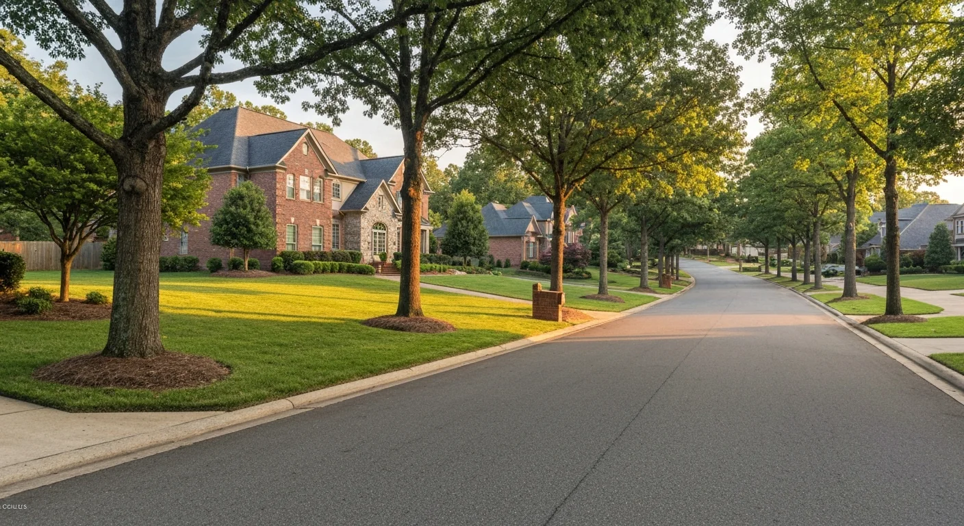 Tree-lined street with an upscale brick home in a south charlotte nc suburb