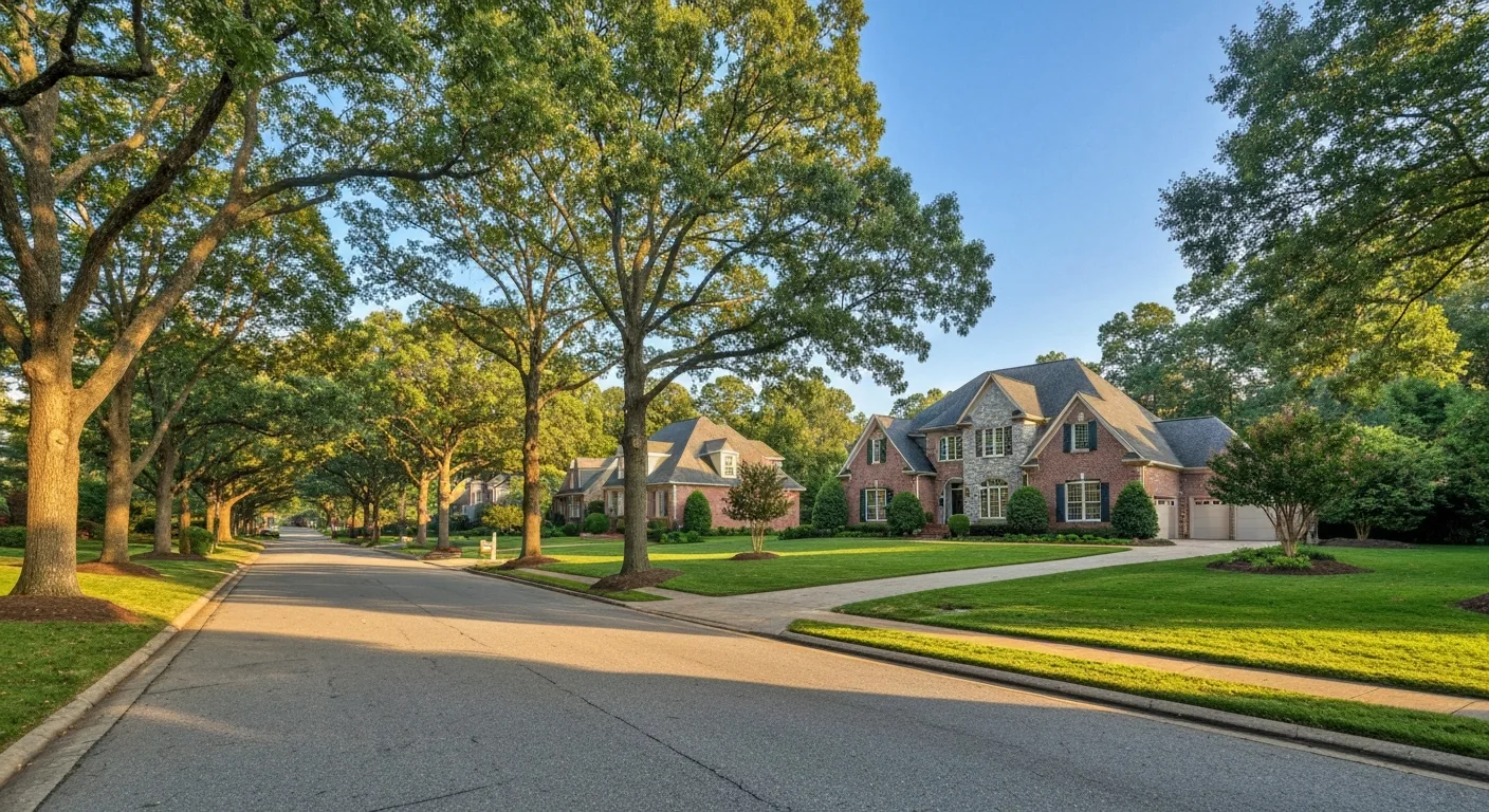 Moving from new jersey to charlotte nc: the truth about taxes, homes, and the move 1 Tree-lined upscale brick home street in a south charlotte union county nc suburb at golden hour