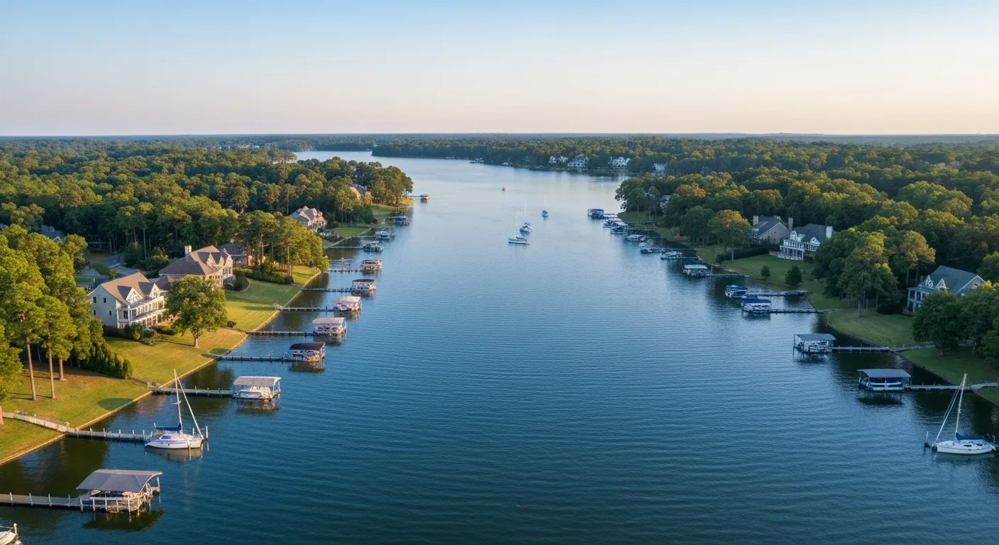 Things to do in Tega Cay SC: aerial view of the Lake Wylie peninsula with boat docks at golden hour