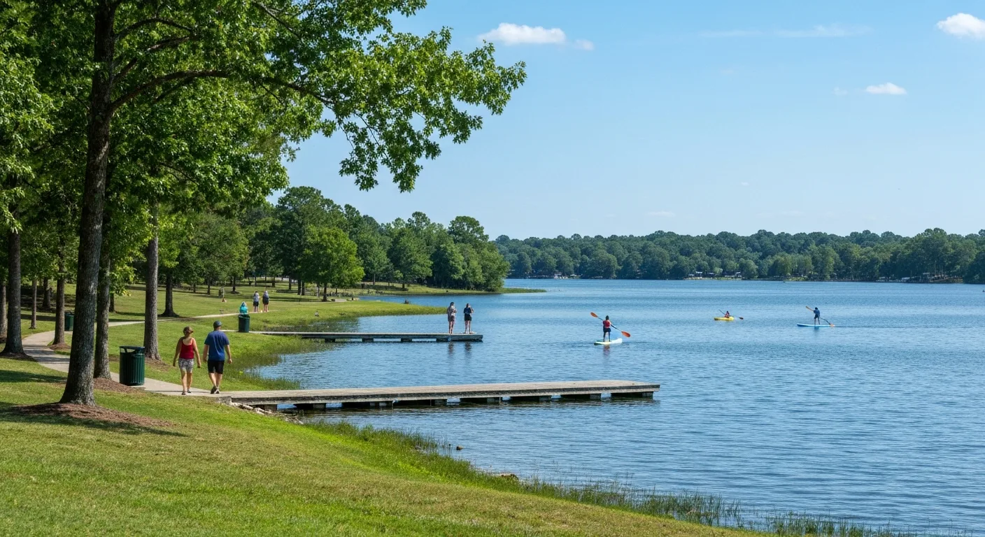A lakeside greenway trail and kayakers on lake wylie near tega cay sc on a sunny afternoon