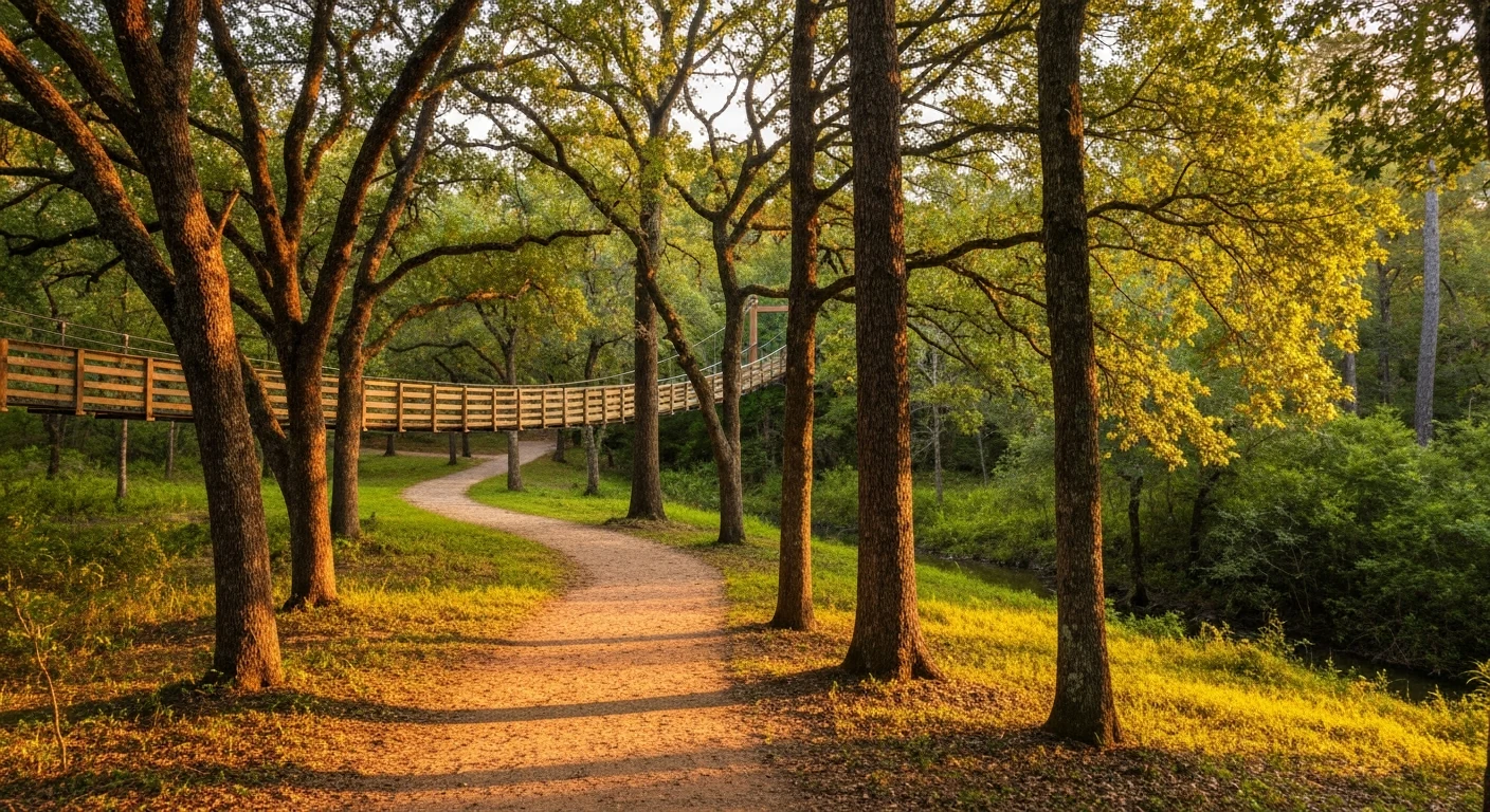 things-to-do-in-indian-land-sc-featured things to do in indian land sc park trail at Walnut Creek with suspension bridge and golden afternoon light