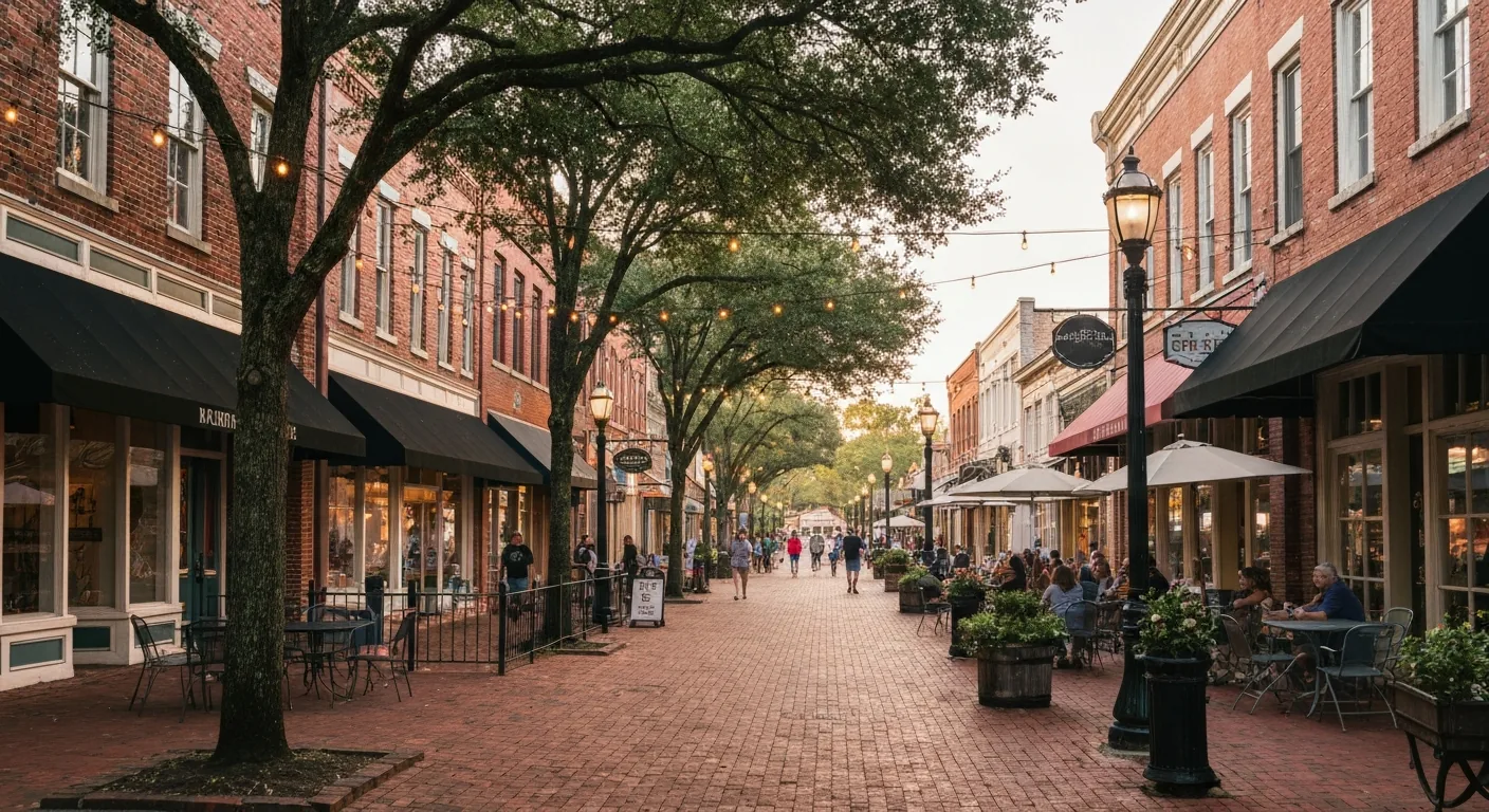 things-to-do-in-matthews-nc-featured Things to do in Matthews NC: people strolling downtown Trade Street shops and outdoor patios at golden hour