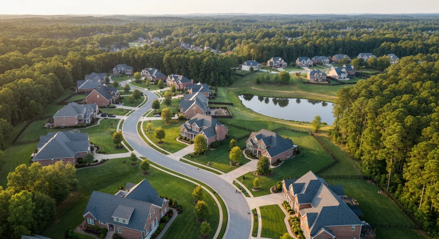 why-are-people-relocating-to-indian-trail-nc-featured Aerial view of a wooded suburban neighborhood showing why people are relocating to Indian Trail NC