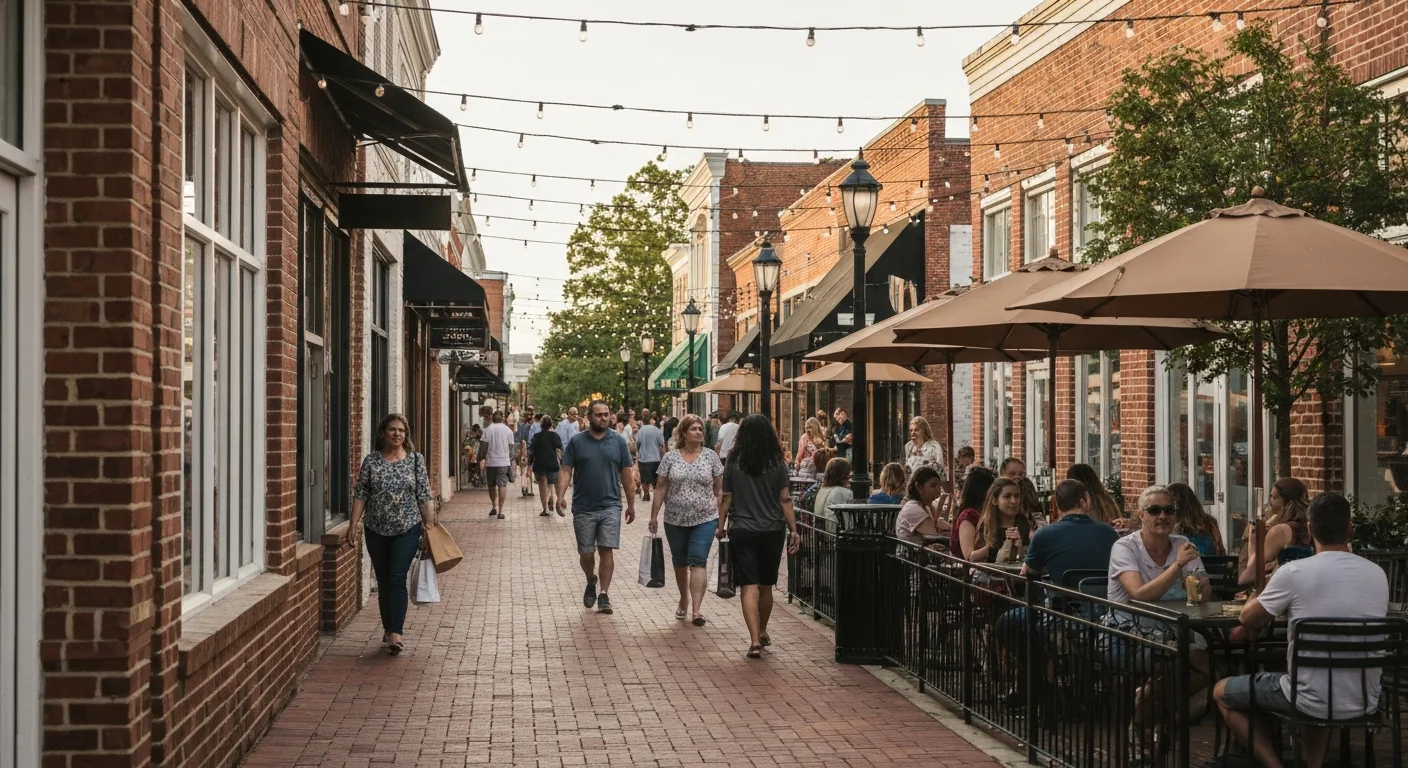 Why are people relocating to indian trail nc? 7 reasons buyers choose it in 2026 1 People walking and dining at an indian trail nc town center shopping plaza