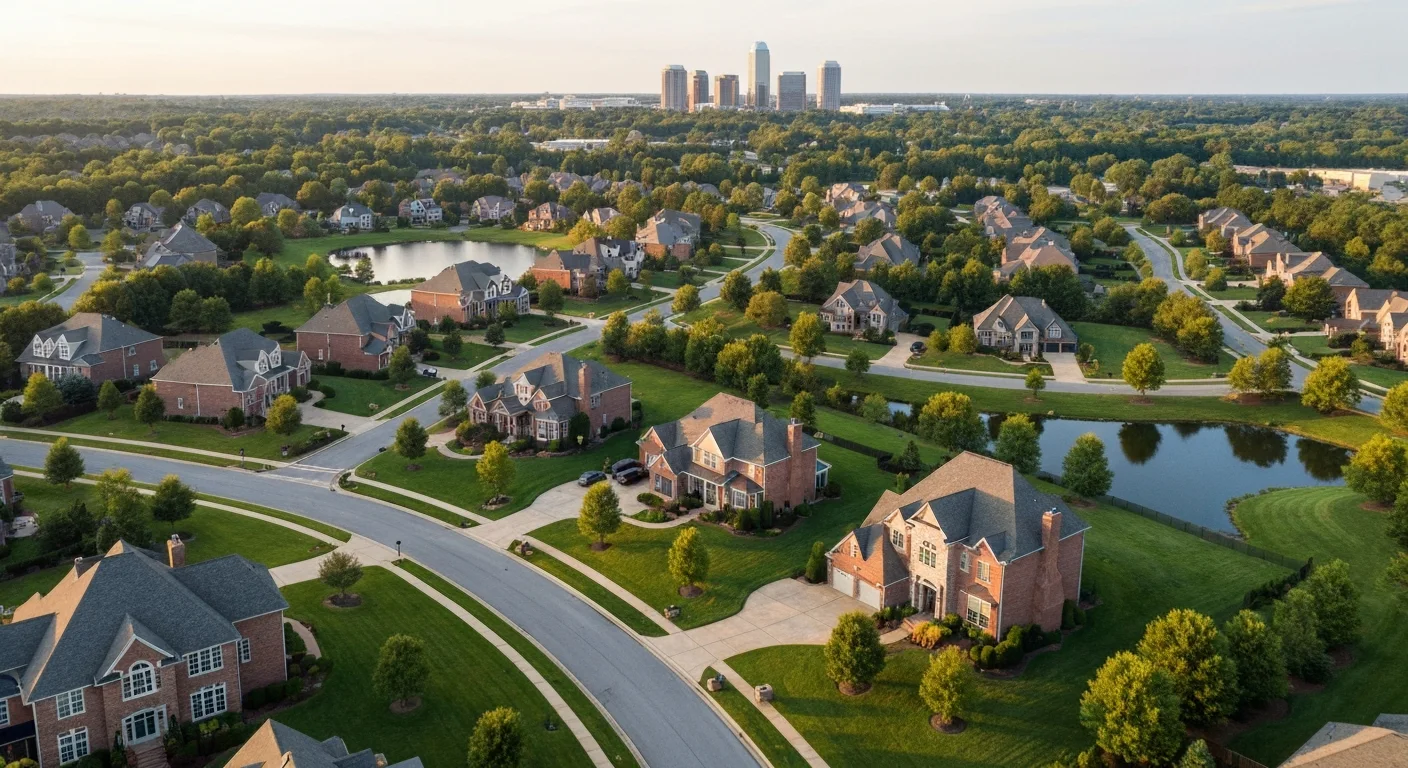 ballantyne-housing-market-featured Ballantyne housing market aerial of upscale south Charlotte NC homes at golden hour
