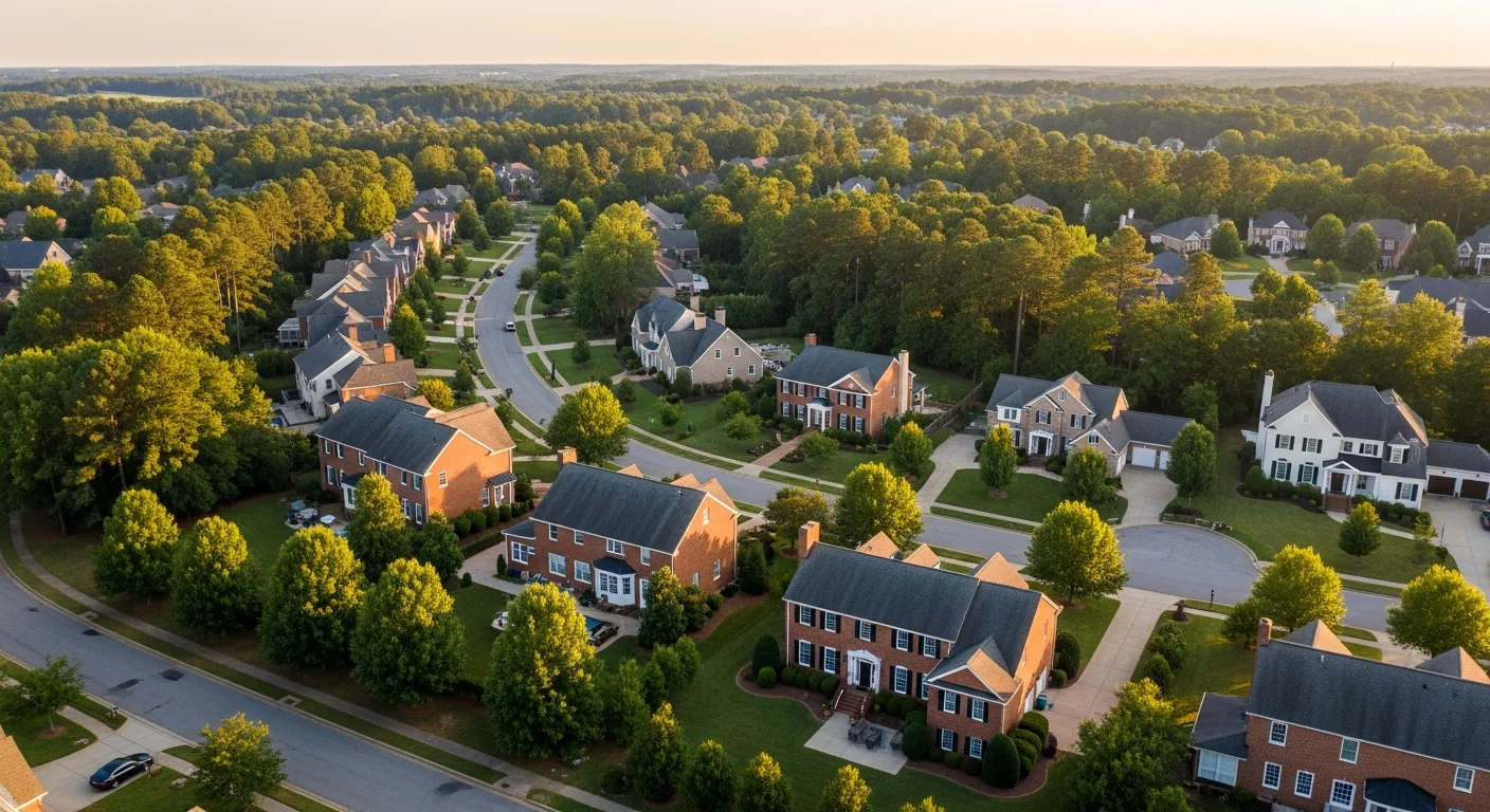 ballantyne-vs-waxhaw-featured Ballantyne vs Waxhaw NC aerial of an established South Charlotte brick-home neighborhood at golden hour