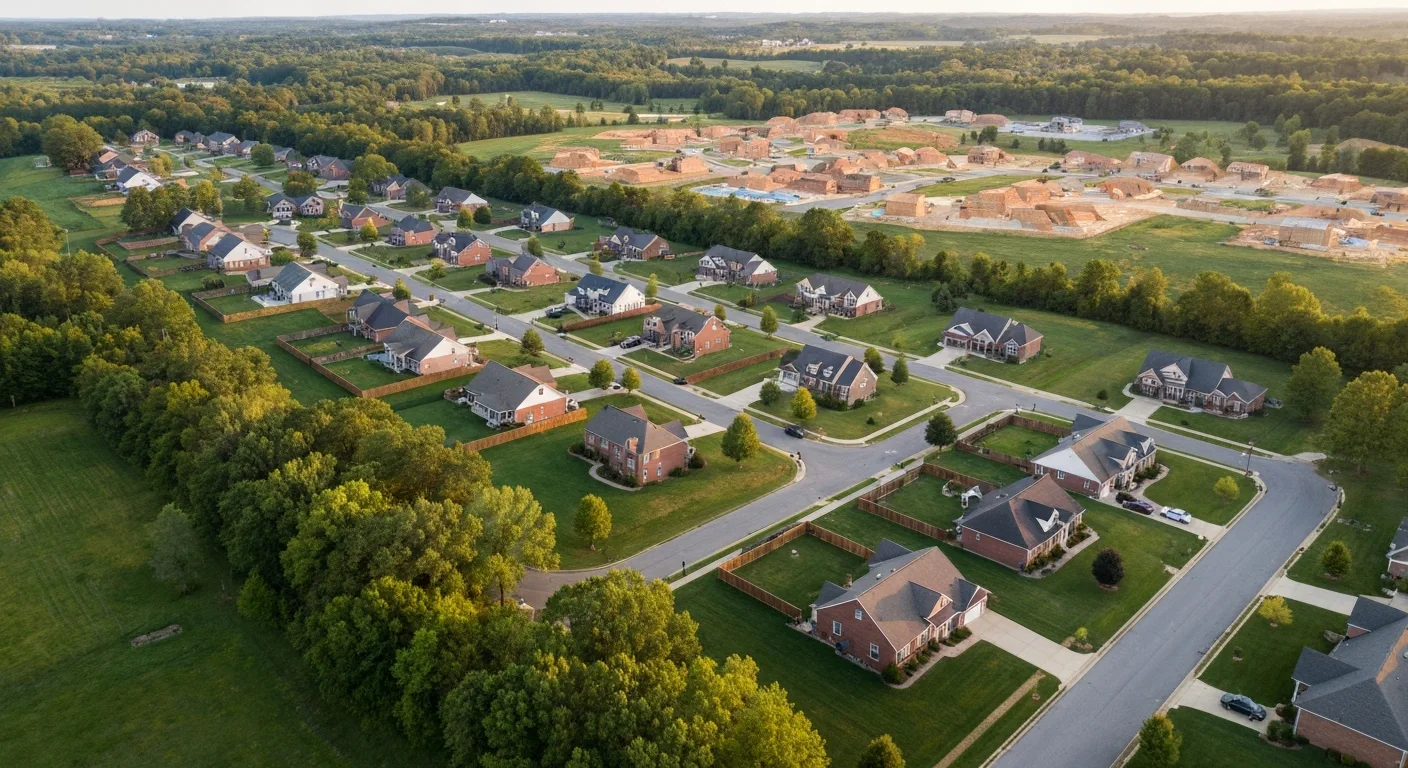 best-neighborhoods-in-monroe-nc-featured Best neighborhoods in Monroe NC seen from above, established tree lined streets beside newer subdivisions