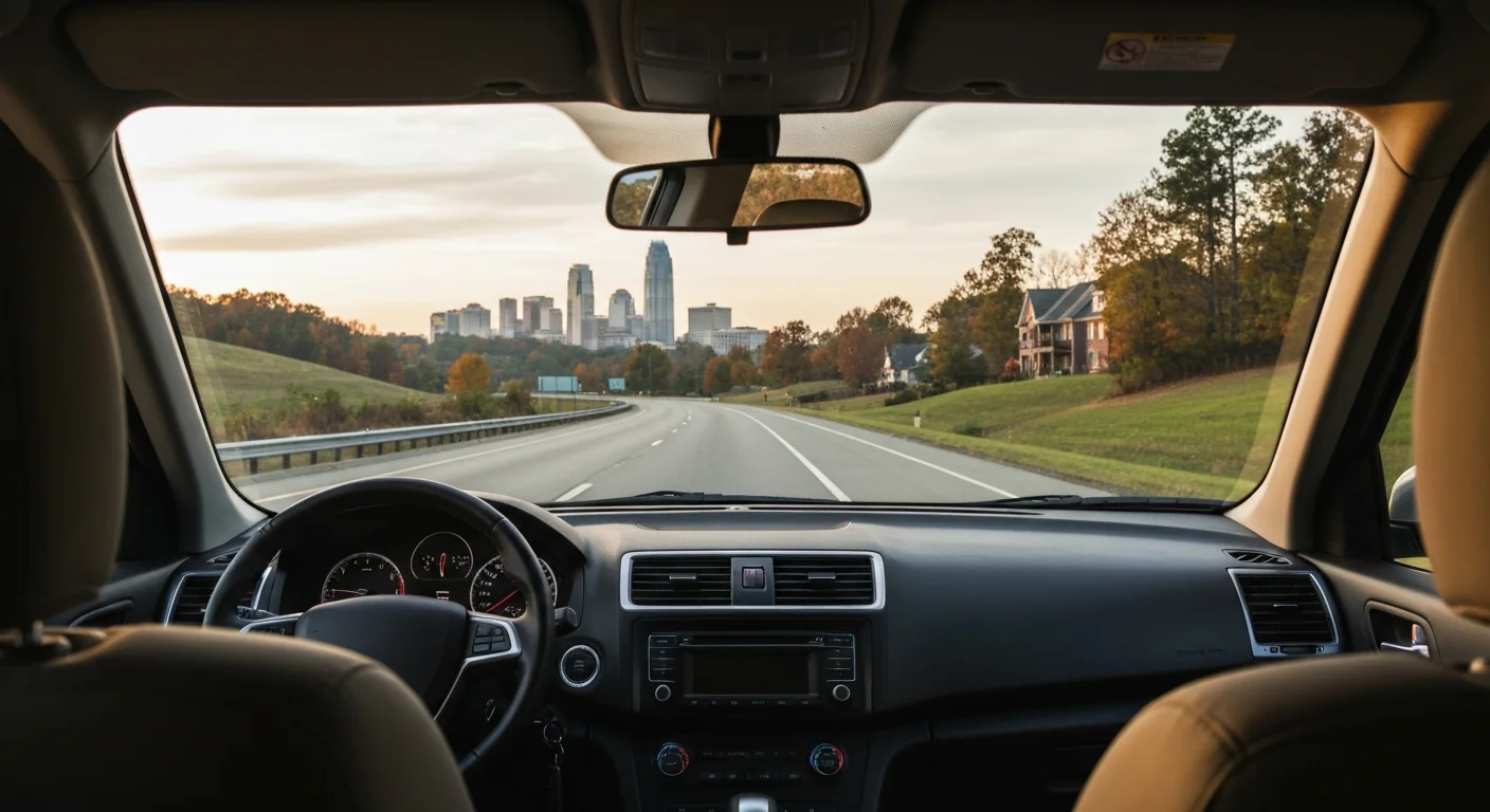 boston-charlotte-featured-1 Moving from Boston to Charlotte, an empty highway ahead toward the Charlotte NC skyline seen through a windshield