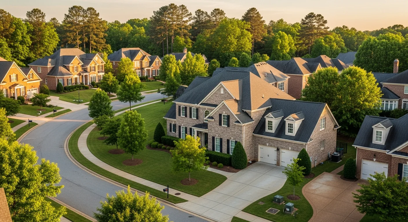 cost-of-living-in-ballantyne-nc-featured Cost of living in Ballantyne NC shown by upscale brick homes on a tree-lined street