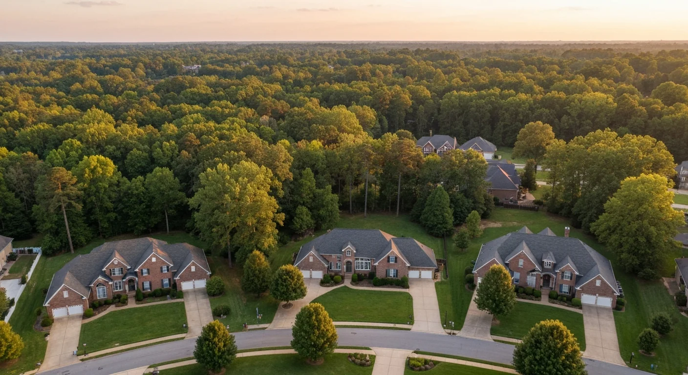 cost-of-living-mint-hill-nc-homes Cost of living in Mint Hill NC shown by large-lot suburban homes at golden hour