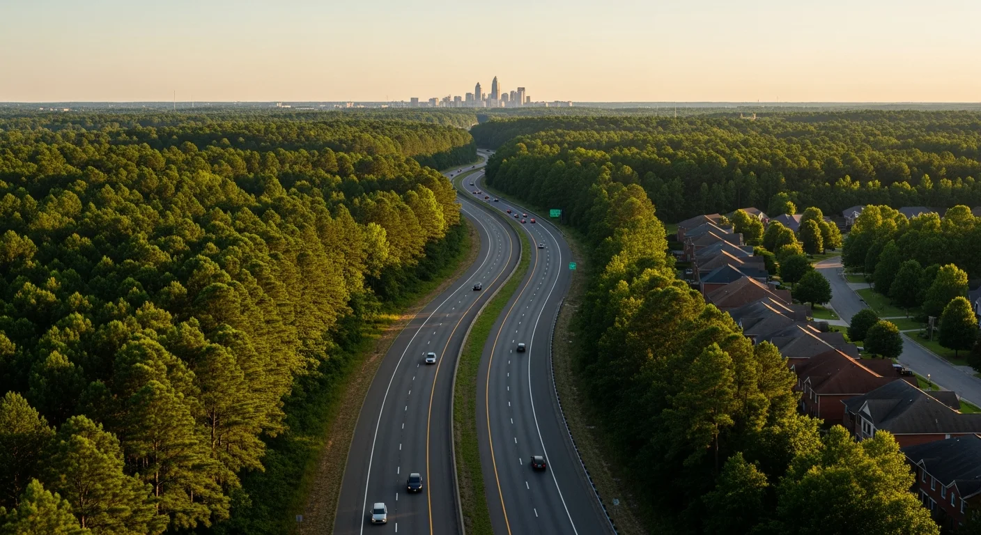 indian-trail-commute-featured Indian Trail NC to Charlotte commute on a divided Carolina highway curving toward the city skyline