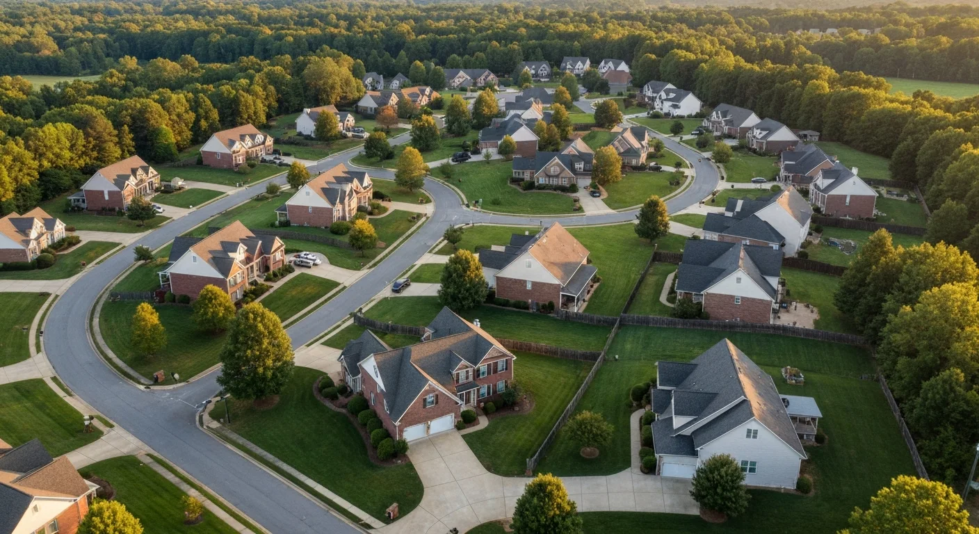 Indian Trail NC Crime Rate – Residential Neighborhood Indian Trail NC crime rate: aerial view of a quiet residential neighborhood in Indian Trail North Carolina