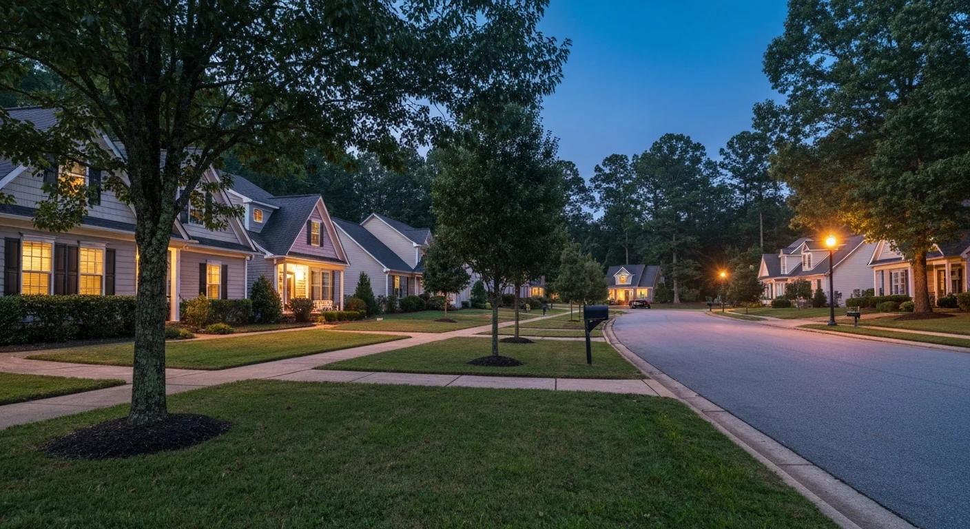 Indian trail nc crime rate: what the data says about safety in 2026 2 Indian trail nc crime rate context: a quiet suburban street in indian trail nc at dusk with porch lights on