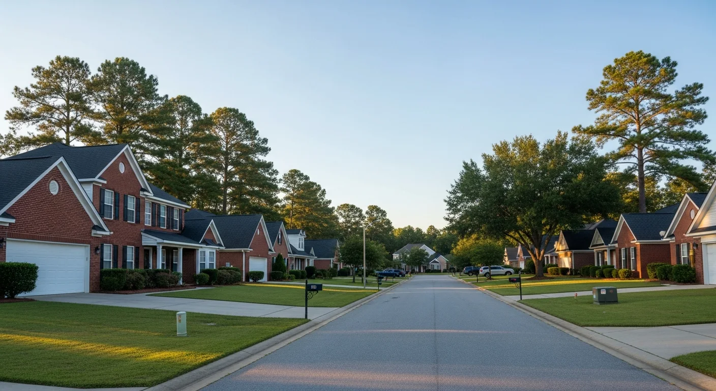 is-monroe-nc-safe-featured Is Monroe NC safe? A quiet brick-home residential street in the Monroe North Carolina area at golden hour