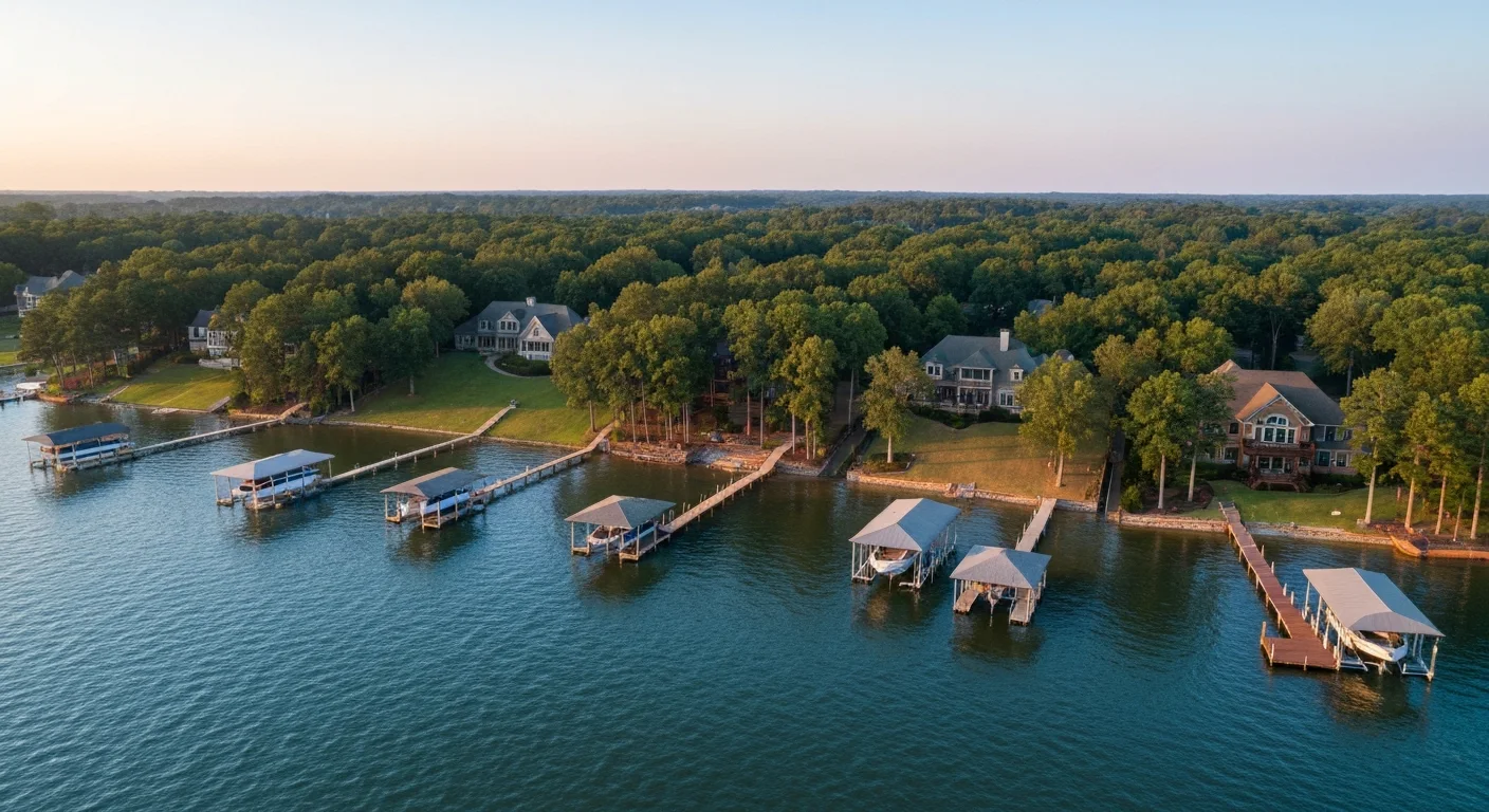 lake-wylie-waterfront-homes-featured Lake Wylie waterfront homes with private docks along the wooded South Carolina shoreline at sunset