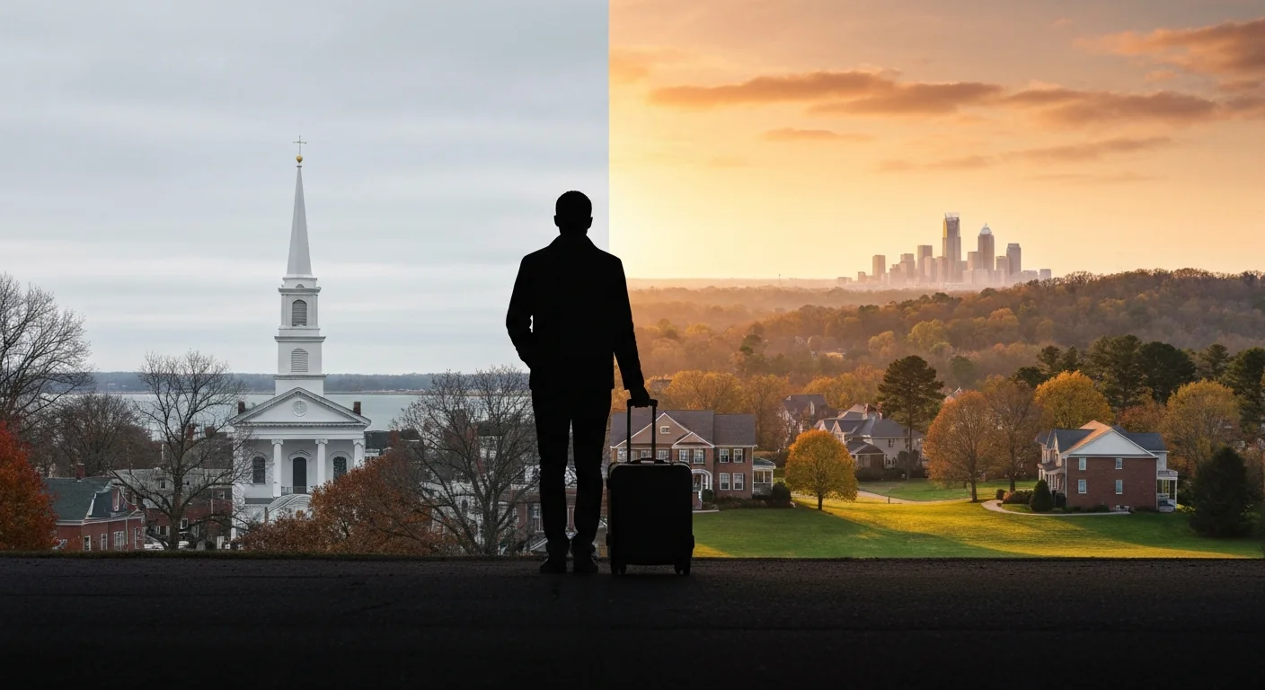 moving-from-connecticut-to-charlotte-featured Moving from Connecticut to Charlotte, a traveler with a suitcase between a New England town and south Charlotte suburbs