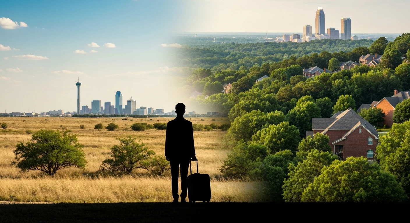 moving-from-dallas-to-charlotte-nc-featured Moving from Dallas to Charlotte NC: Texas prairie and Dallas skyline beside green Carolina hills and the Charlotte skyline