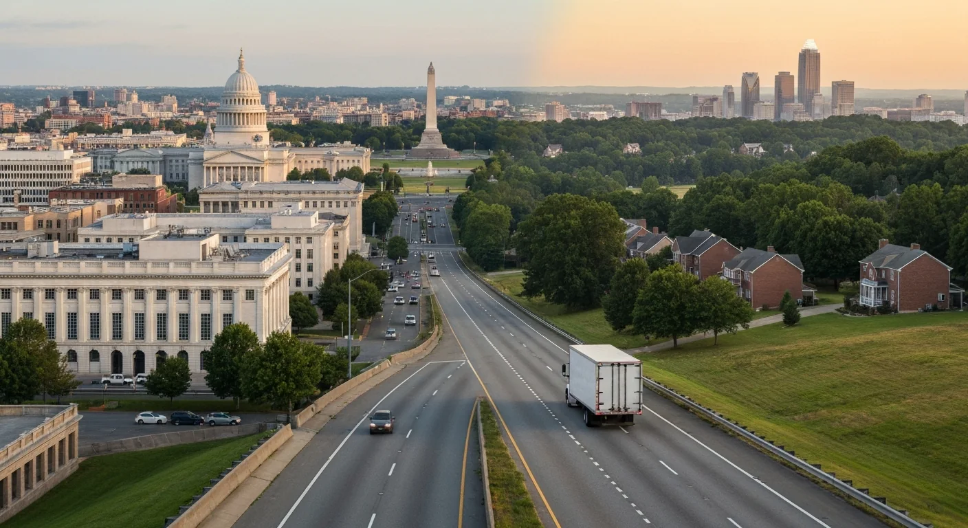 moving-from-dc-to-charlotte-nc Moving from DC to Charlotte NC, a moving truck leaves the Washington skyline for the south Charlotte suburbs