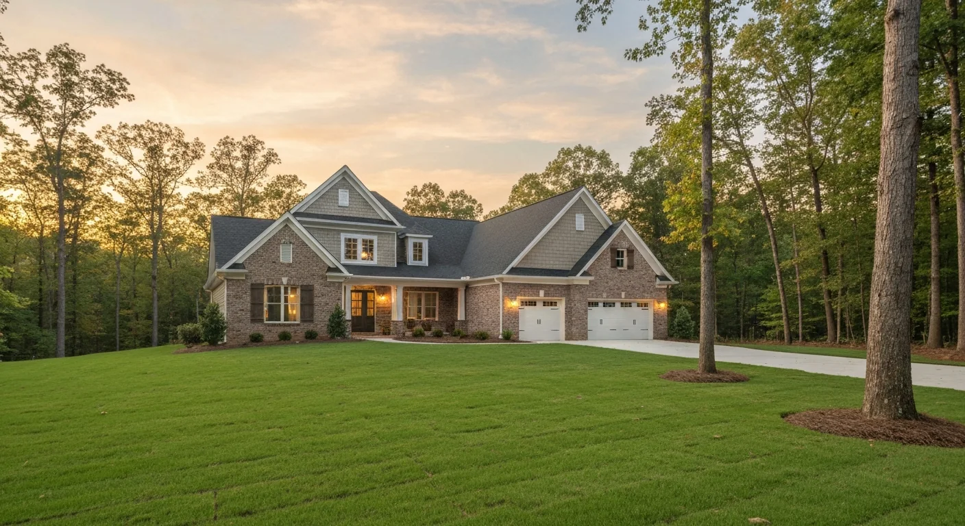 new-construction-homes-weddington-nc-featured New construction homes in Weddington NC on a large wooded one-acre lot at golden hour
