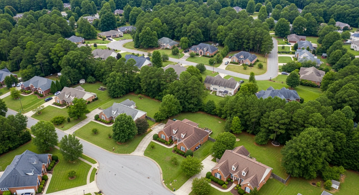 rock-hill-sc-housing-market-neighborhood-2026 Rock Hill SC housing market 2026 aerial view of an established brick home neighborhood