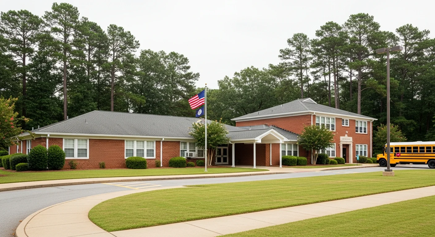 schools-in-matthews-nc-featured Schools in Matthews NC red brick public school building with American flag and yellow school bus