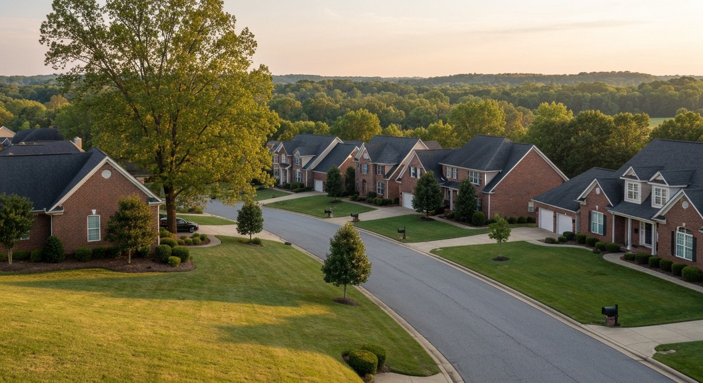 South Charlotte Market Data South Charlotte market data: suburban neighborhood of single-family homes in South Charlotte NC at golden hour