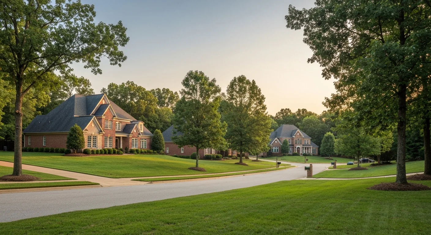 Moving from philadelphia to charlotte nc: what philly buyers underestimate about the south 2 Tree-lined street of brick custom homes in a south charlotte nc suburb at golden hour