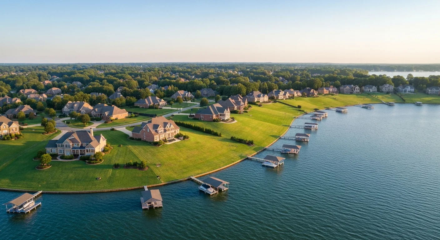 tega-cay-sc-housing-market-featured Tega Cay SC housing market aerial view of lakefront homes on Lake Wylie