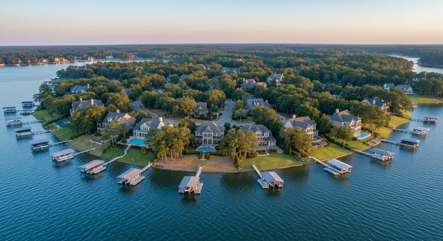 tega-cay-vs-lake-wylie-featured Tega Cay vs Lake Wylie SC aerial of a wooded lakefront community on Lake Wylie at golden hour