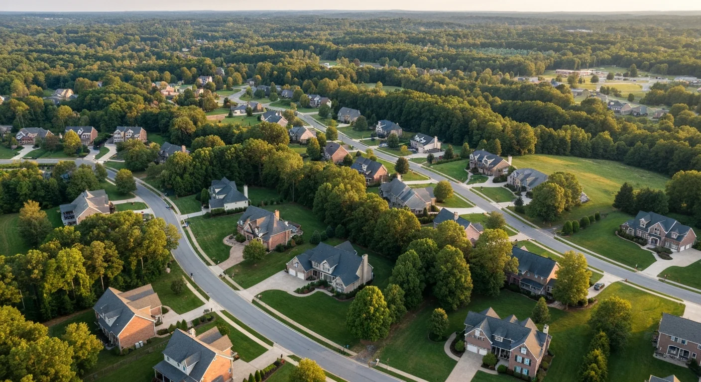 Waxhaw vs Indian Trail NC Waxhaw vs Indian Trail NC aerial view of Union County suburban neighborhoods at golden hour